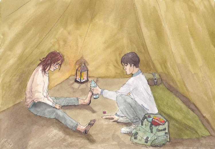 two boys in a tent, one in an oversized pullover, the other holding out a water bottle